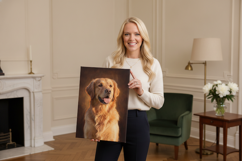 Woman holding a framed custom golden retriever portrait in a classic living room