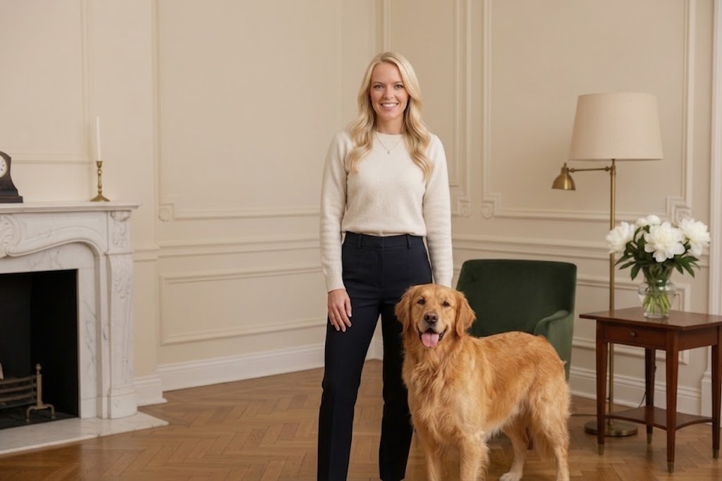 A woman with a golden retriever in a warmly appointed living room