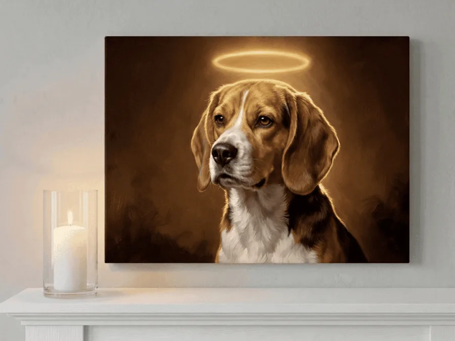 Beagle heavenly portrait with halo on mantel with candle
