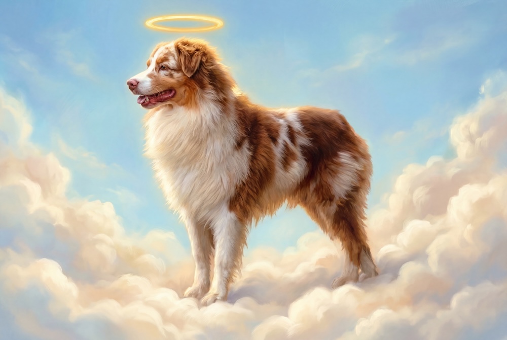 Australian Shepherd heavenly portrait with halo in clouds