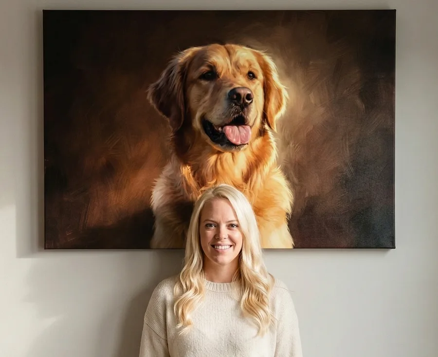Woman holding a golden retriever portrait on canvas
