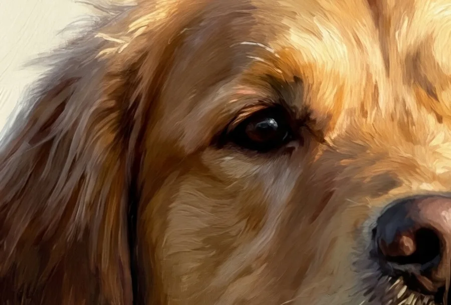 Close-up brushwork detail of golden retriever portrait